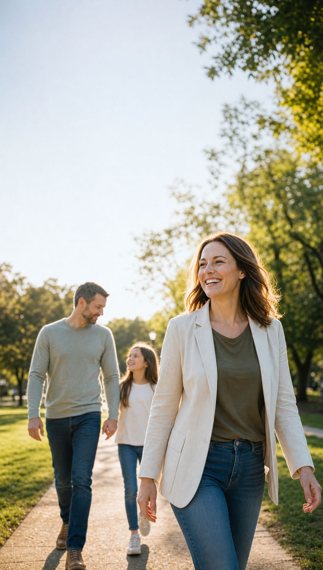 A person walks with family on a tree-lined path.